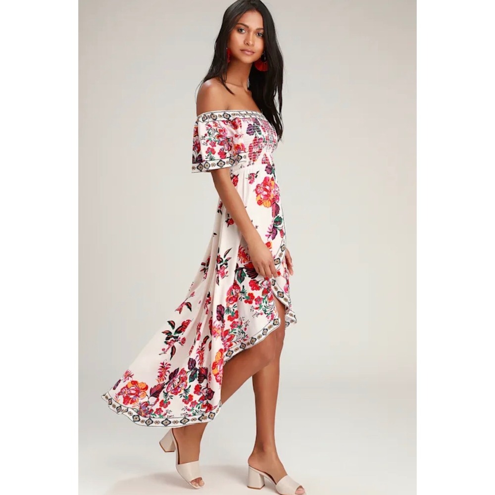 Lulus Floral Off The Shoulder High Low Maxi Dress White Pink Tropical Smocked L